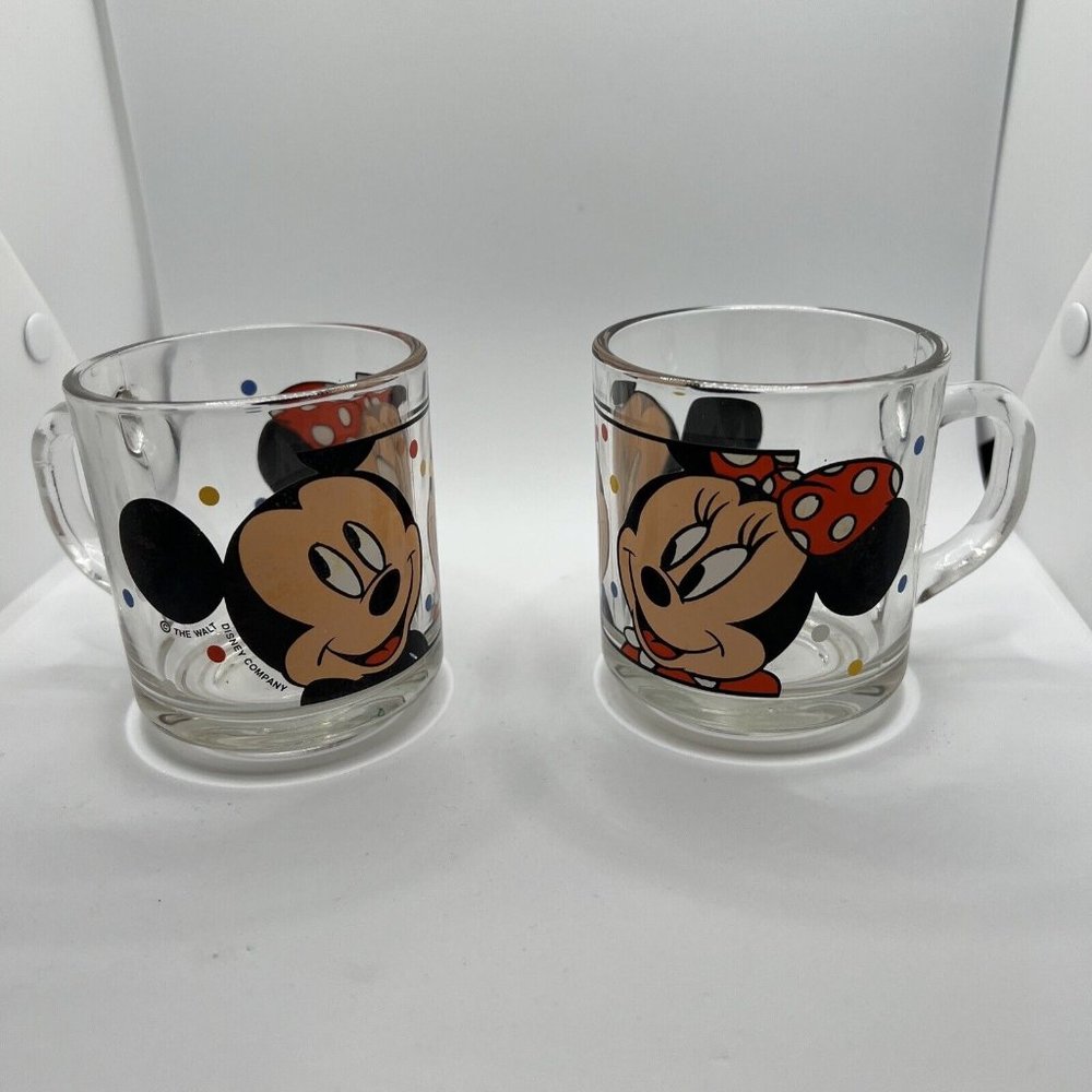 Walt Disney Mickey And Minnie Clear Glass Mug By Anchor Hocking Set Of Two (2)